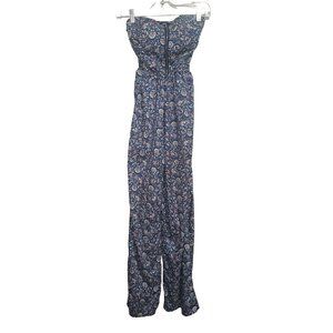 Toxik3 Medium Blue Floral Print Jumpsuit Halter Top Silver Zip Front